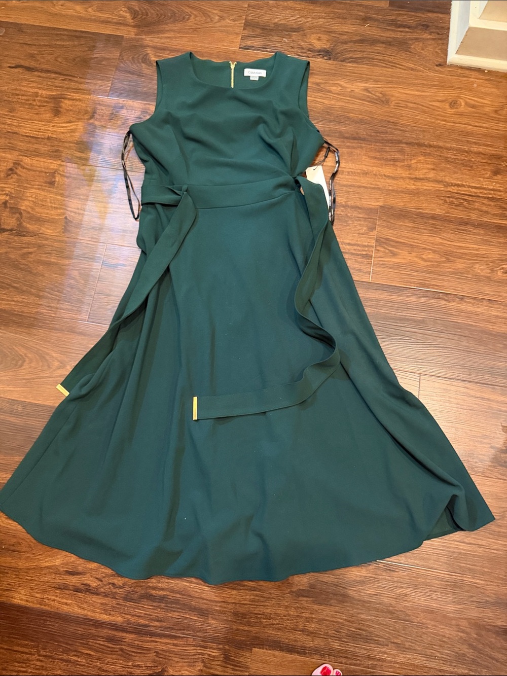 Calvin Klein Dark Green Sleeveless Midi Dress with Waist Tie